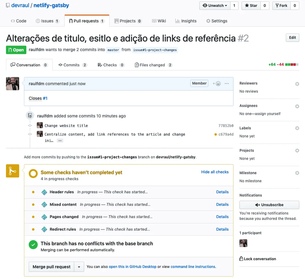 Pull Request com as alterações — Rodando as tarefas