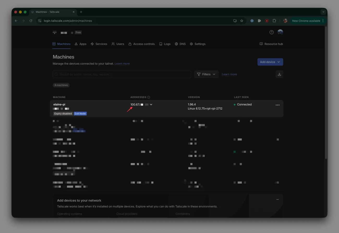 Get server IP from Tailscale dashboard