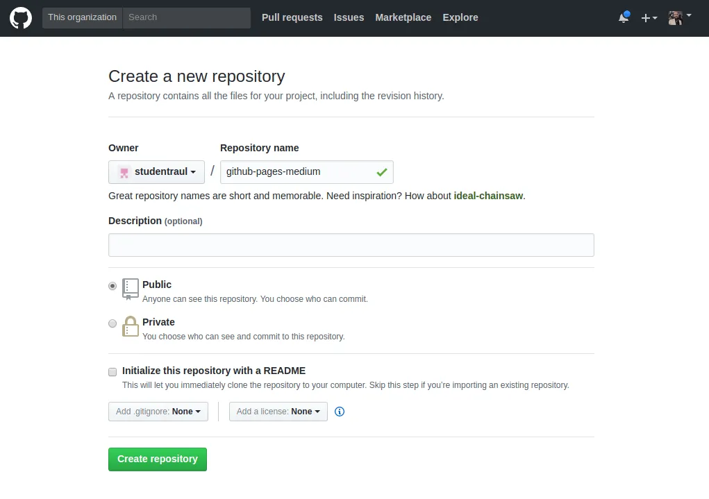 Página de criar um novo repositório