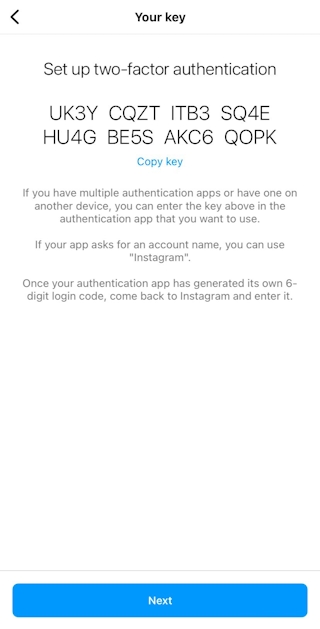 Código autenticação de 2 etapas Instagram
